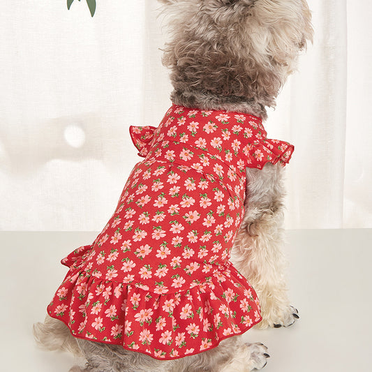 Red Flower Dog Cat Summer Princess Dress