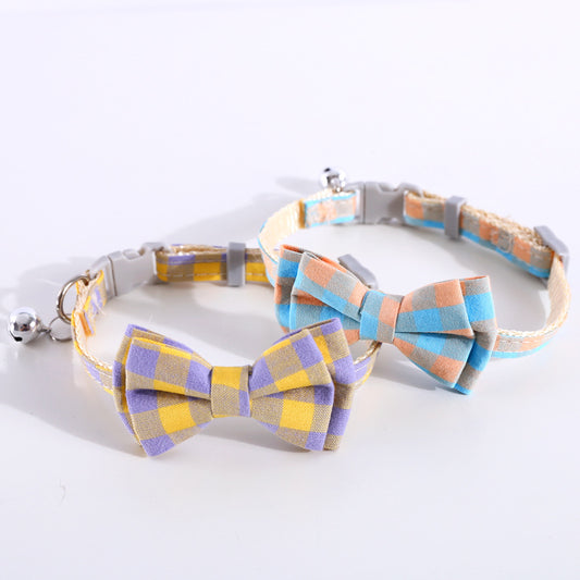 Adjustable Pet Plaid Collar Bow Tie With Bell