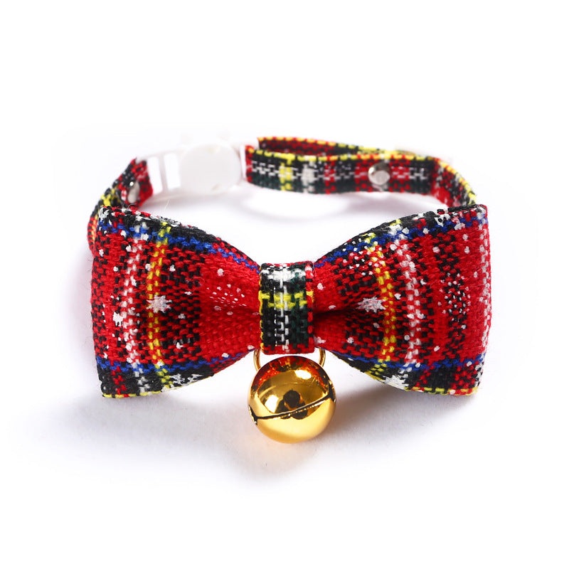 Christmas Red Plaid Bow Tie Pet Collar With Bell