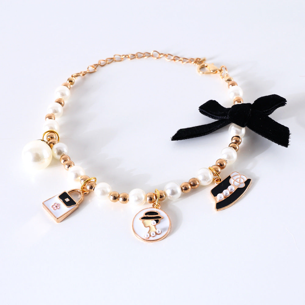 Dog Cat Pearl Necklace With Cute Metal Pendant