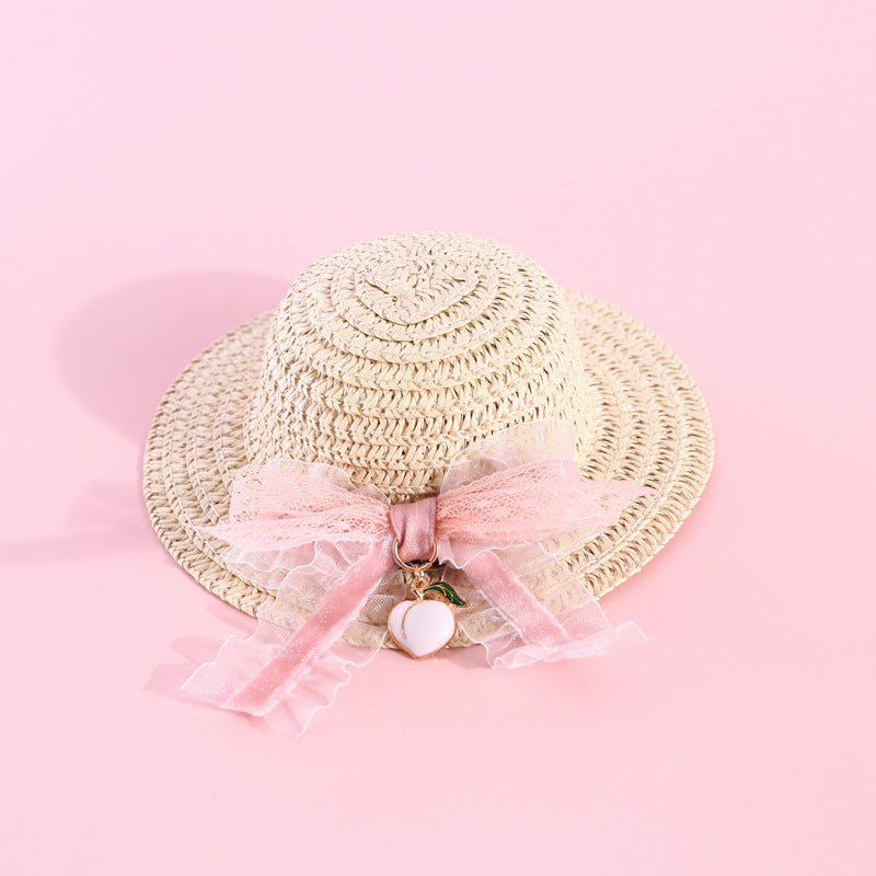 Designer Lace Flower Pearl Dog Cat Cute Straw Hat