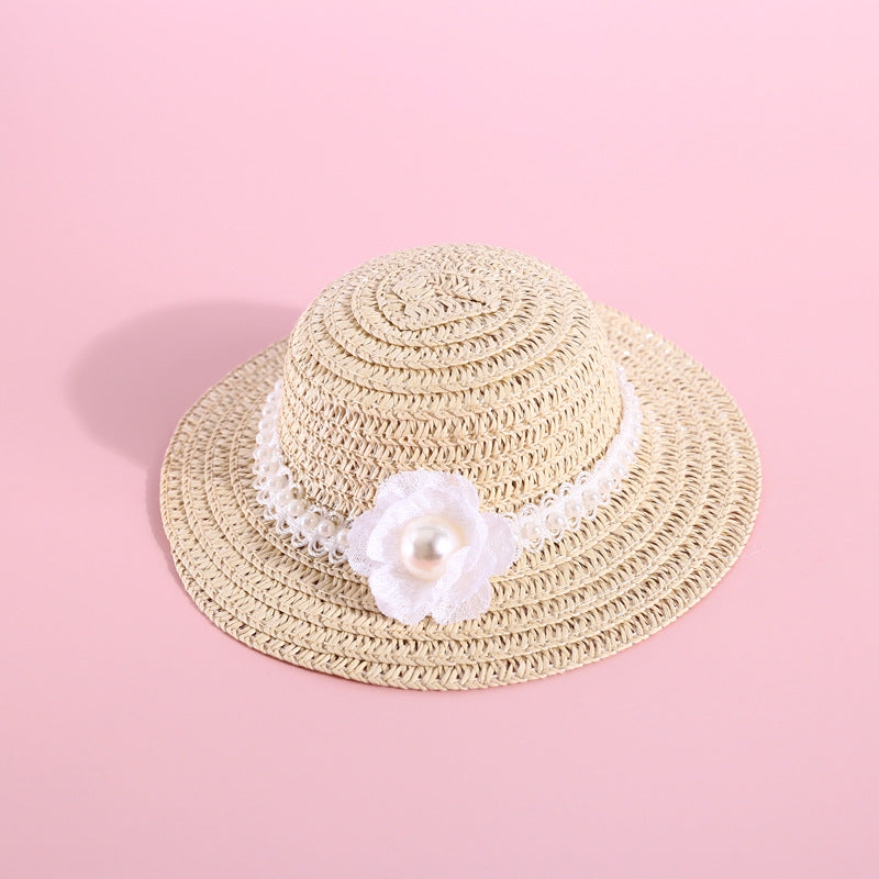 Designer Lace Flower Pearl Dog Cat Cute Straw Hat