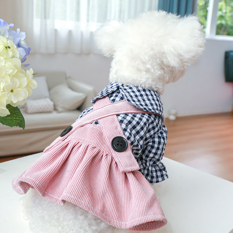 Autumn Dog Cat Plaid Pink Suspender Skirt