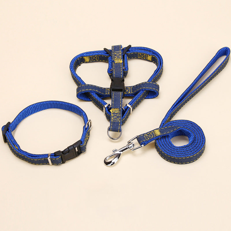 Denim Pet Harness Collar Leash 3PCS Walk Accessories