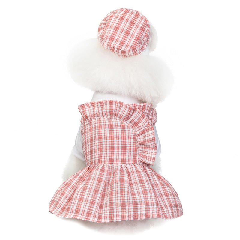 Summer Princess Dress With Hat Set Plaid Dog Cat Skirt