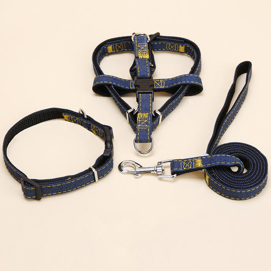 Denim Pet Harness Collar Leash 3PCS Walk Accessories